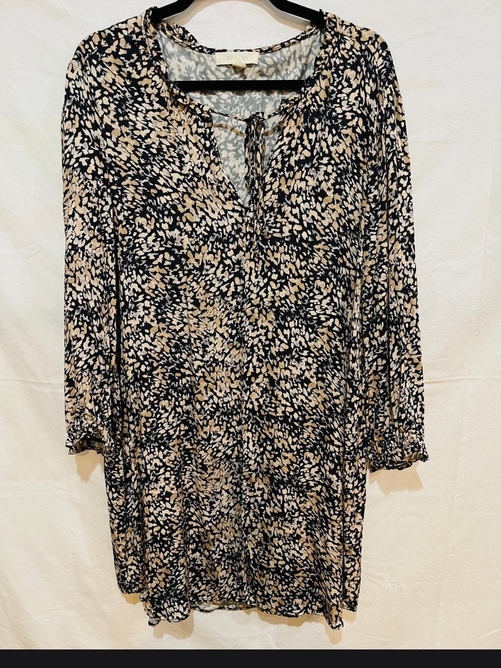River + Sky Black and Beige Printed Long-Sleeve Tie-Neck Dress